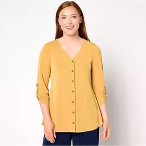 Susan Graver Liquid Knit V-Neck Button Trimmed Roll Tab Top